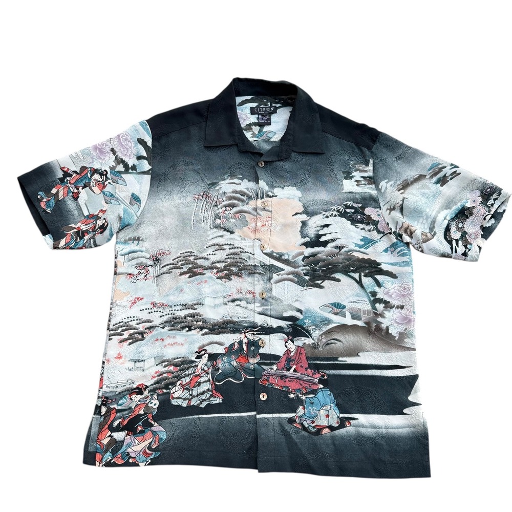 Citron Mens‎ Silk Aloha Shirt Asian Scene Geisha Kimono Print Black S